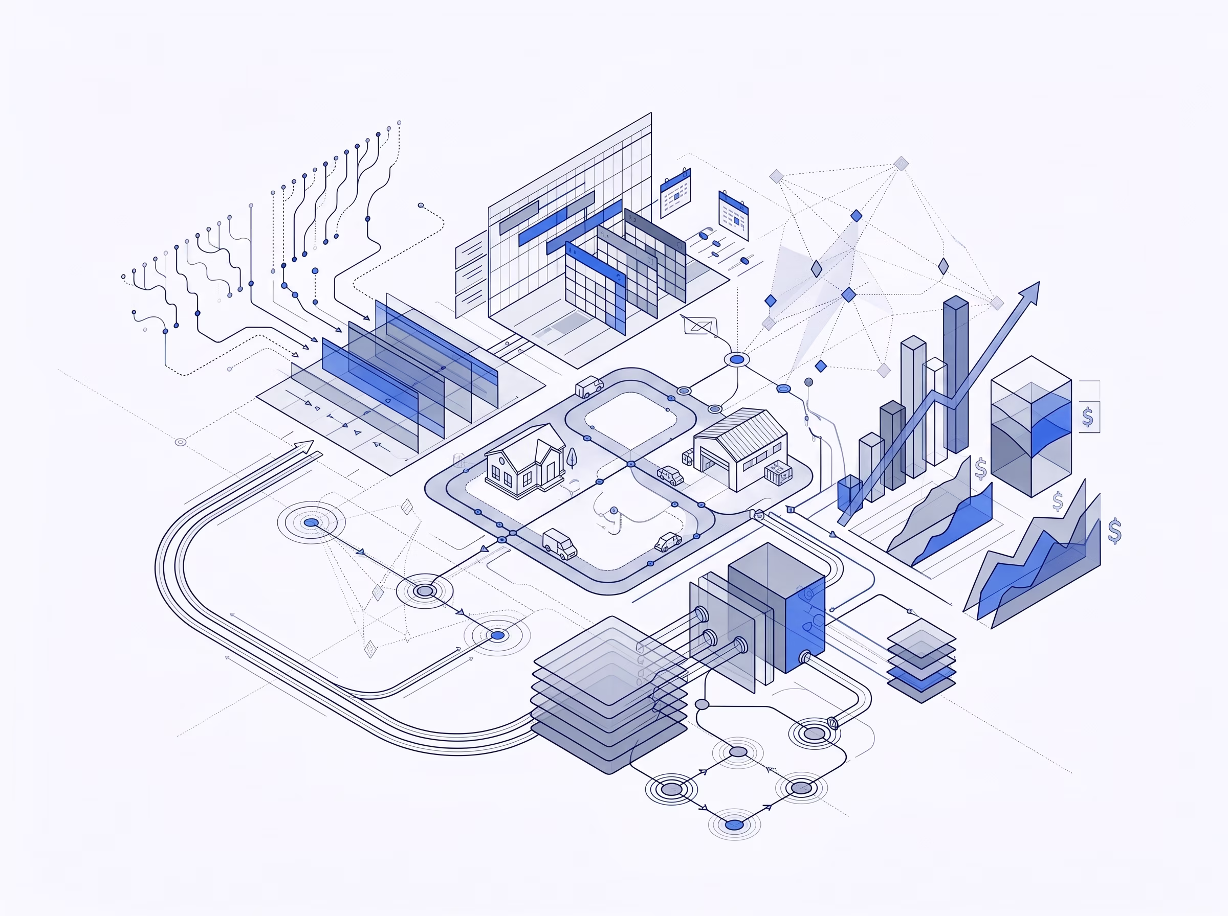 Illustration connecting service-business operations, scheduling, customer journeys and financial analysis.
